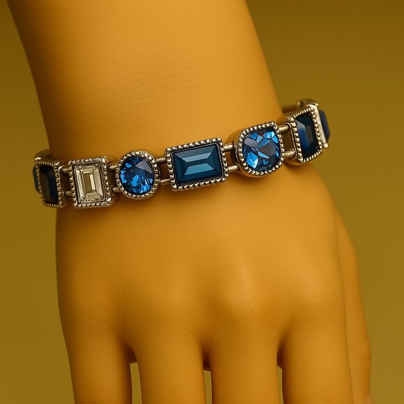 Colorful Crystal Geometric Stretch Bracelet Silver Dainty Rounds & Rectangles - Picture 1 of 10